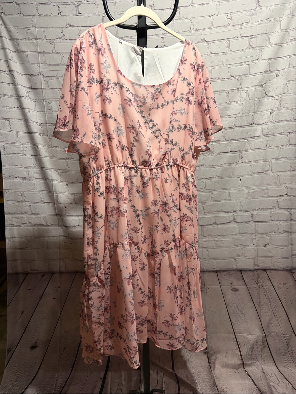 Floral Chiffon Tiered Dress Flutter Sleeve Pink 3XL 👗✨